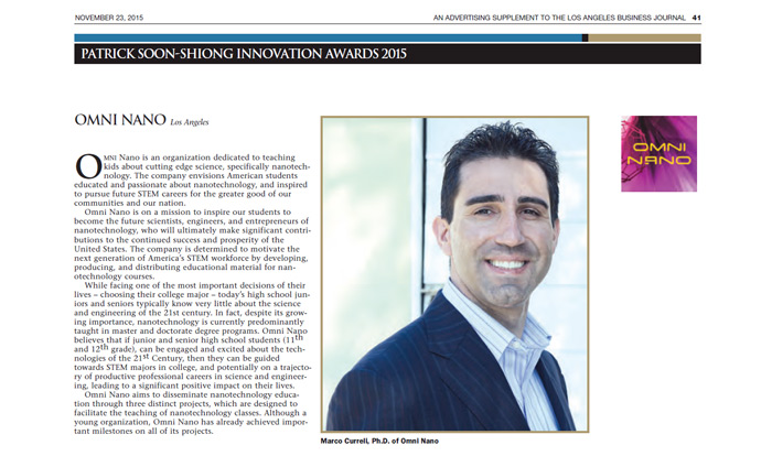 Omni Nano is Featured in Article at Los Angeles Business Journal Non-Profit Awards