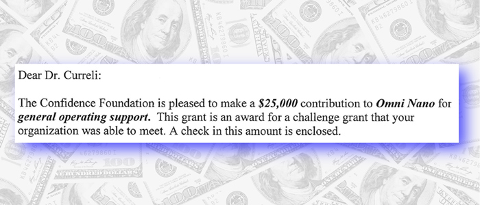 Great news! Omni Nano was awarded its first grant from a private foundation.