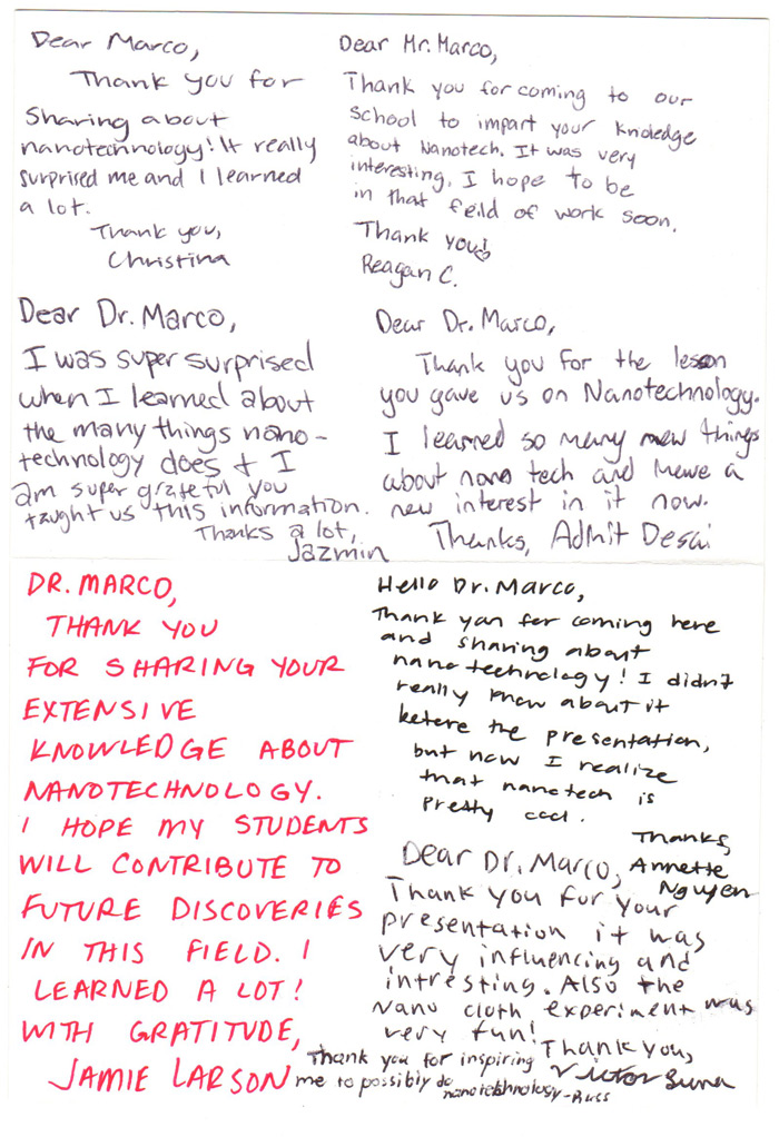 Than You card written by Da Vinci's students and hosting teacher after attending Omni Nano's STEM workshop.